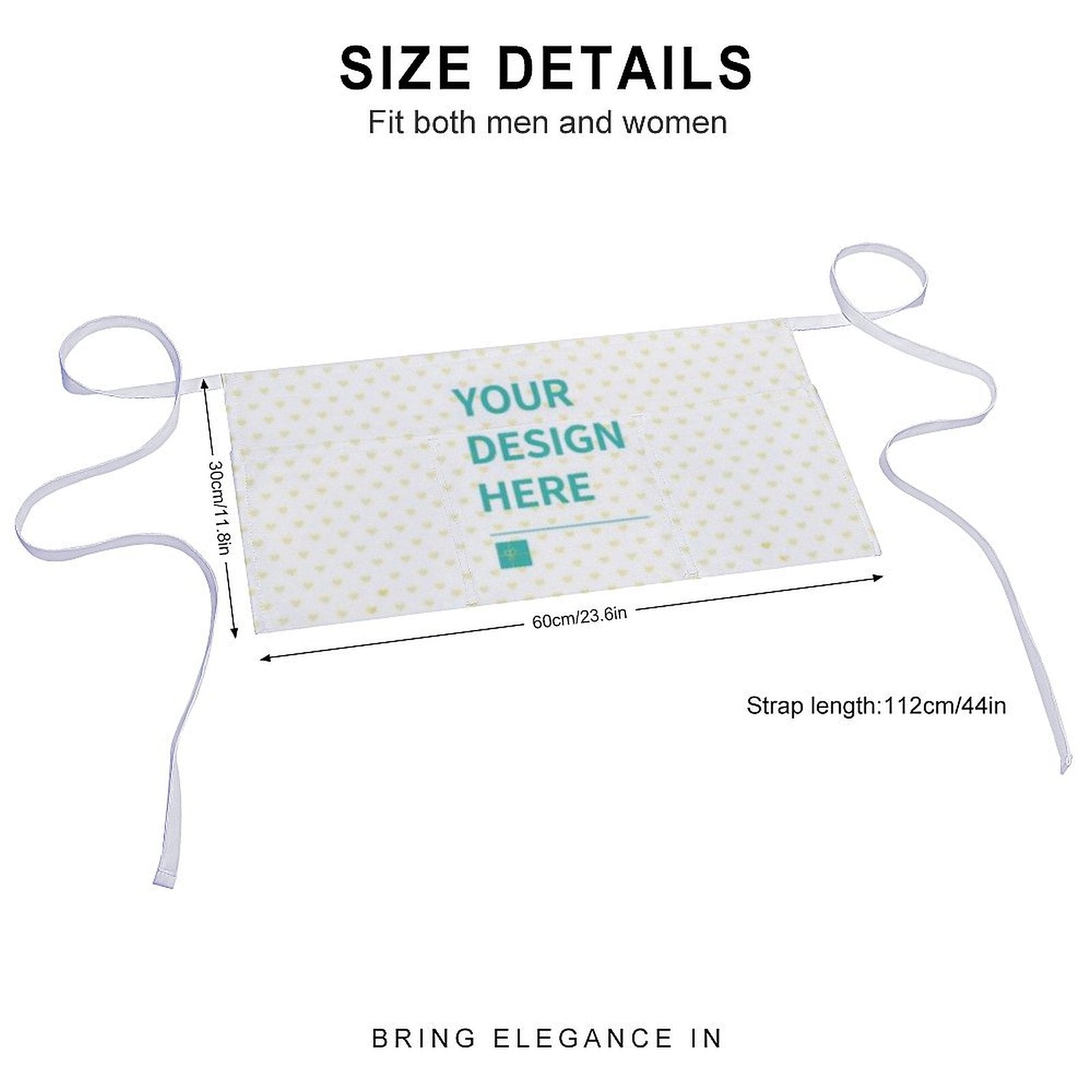 Customizable chef apron, white Oxford cloth with Your Design Here, for men and women. Features pockets.