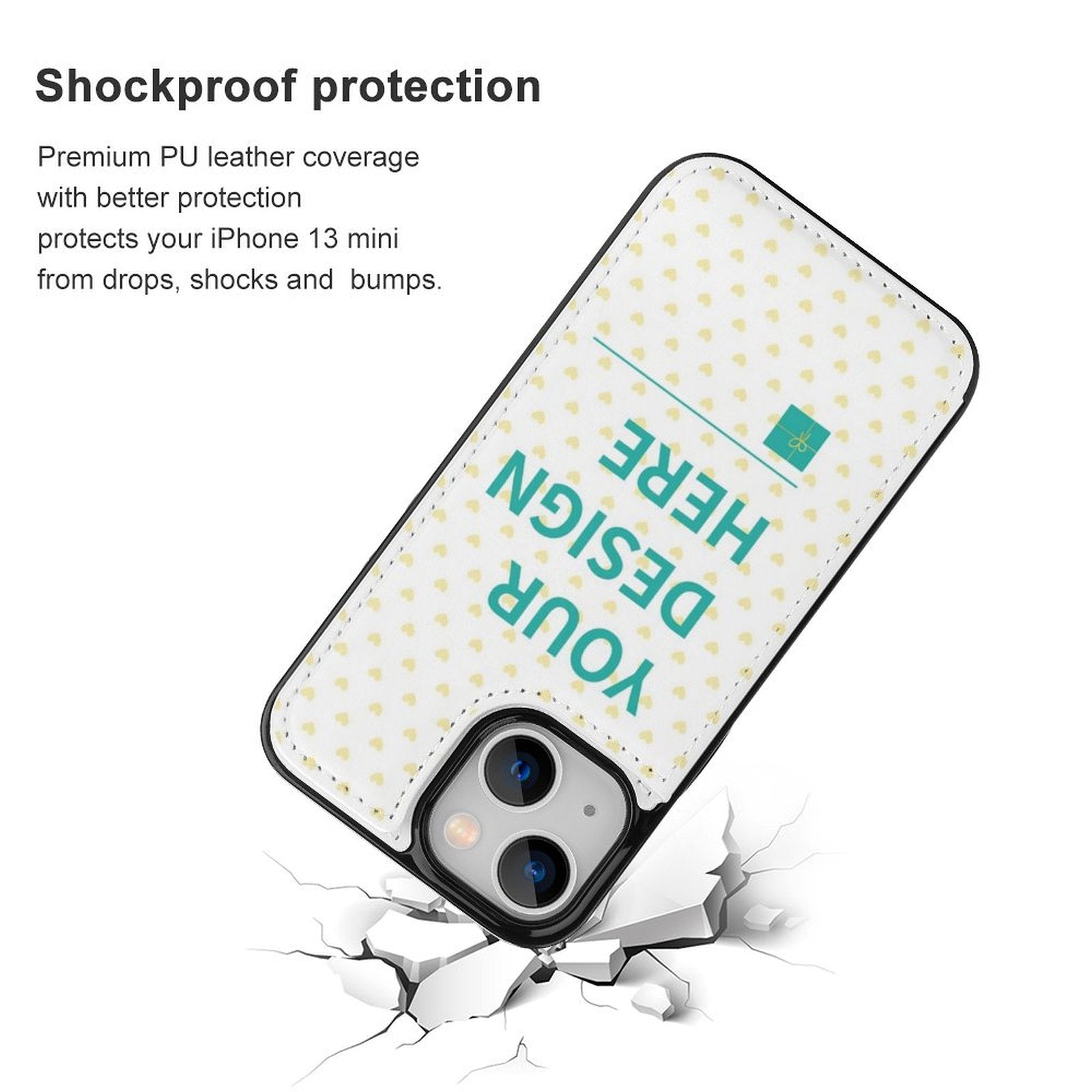 iPhone 13 mini PU leather flip phone case with custom design and shockproof protection, white background, 'YOUR DESIGN HERE'