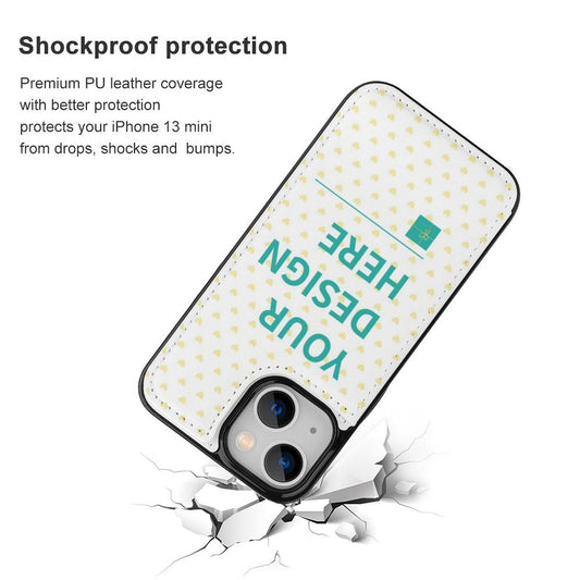 iPhone 13 mini PU leather flip phone case with custom design and shockproof protection, white background, 'YOUR DESIGN HERE'