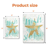 Aqua starfish metal sign product size comparison with 'Wish upon a Starfish' quote, for beach decor