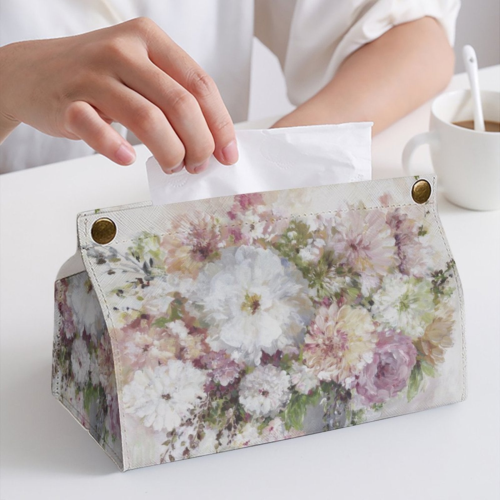 Floral tissue box cover, rectangular tissue holder made of PU material, suitable for home or office decor.