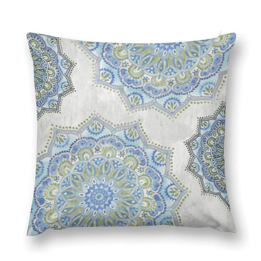 Luxury soft fluffy pillow cover with mandala design in blue and green, decorative for sofa or couch.