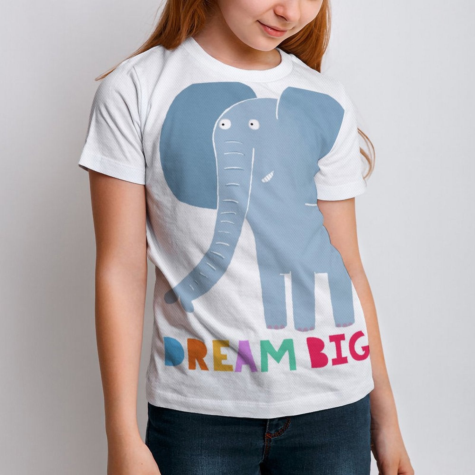 Kids white t-shirt with Dream Big elephant design, mesh fabric, perfect for summer, MyArtsyGift