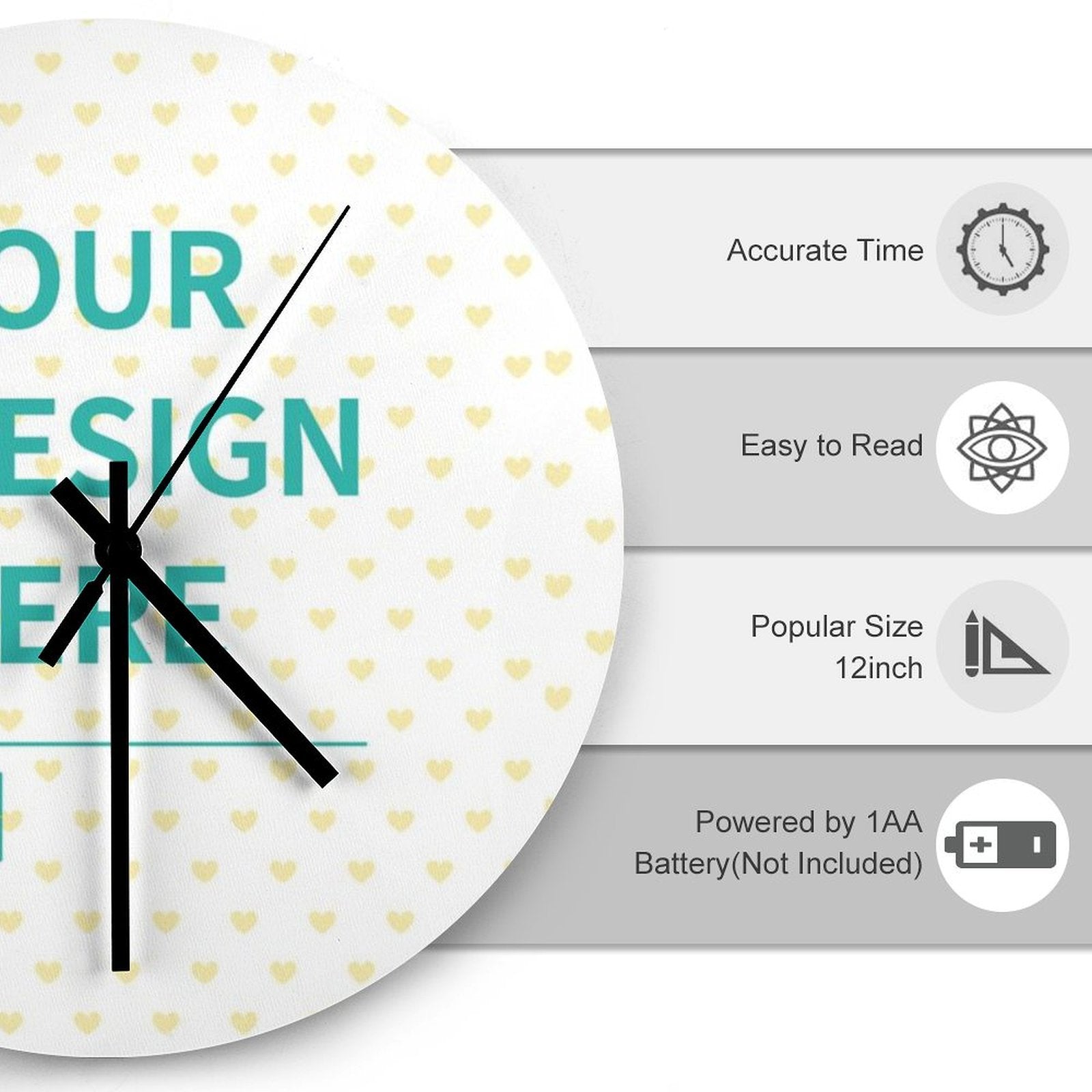 Personalized wooden wall clock, round shape, custom design, heart pattern, housewarming gift, MyArtsyGift.com