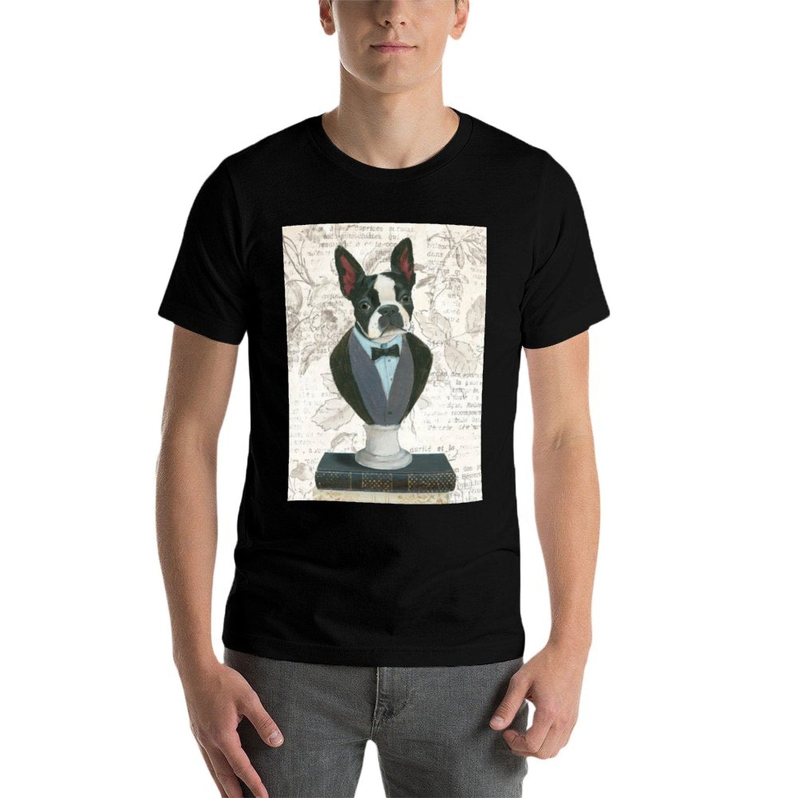 MyArtsyGift black cotton tee, Boston Terrier in formal attire, Newsprint design for casual summer wear