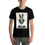 MyArtsyGift black cotton tee, Boston Terrier in formal attire, Newsprint design for casual summer wear