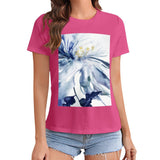 Pink women's t-shirt with blue watercolor floral print by MyArtsyGift. Short sleeve crewneck design.