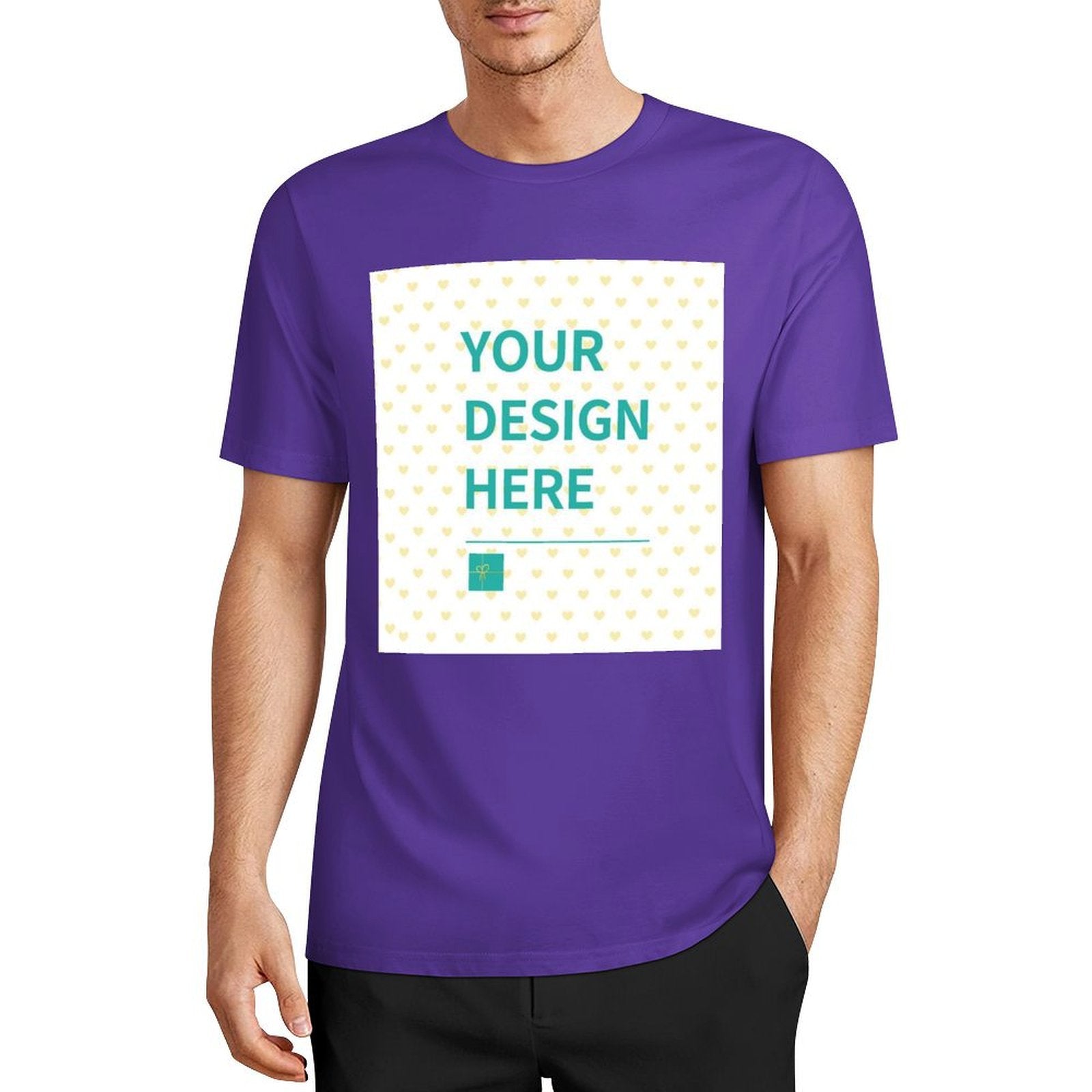 Customizable purple cotton t-shirt with 'YOUR DESIGN HERE' design for men at MyArtsyGift.com. Unique gift idea.
