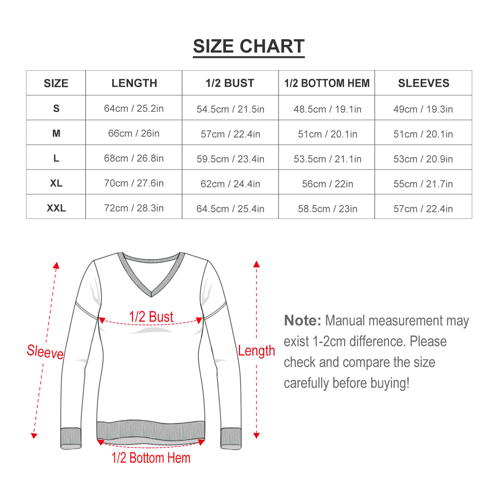 Size chart for women's custom V-neck sweater, including length, bust, hem, and sleeve measurements. Check size before buying.