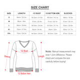 Size chart for women's custom V-neck sweater, including length, bust, hem, and sleeve measurements. Check size before buying.