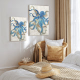 Modern octopus wall art canvas print in blue and gold, living room home decor