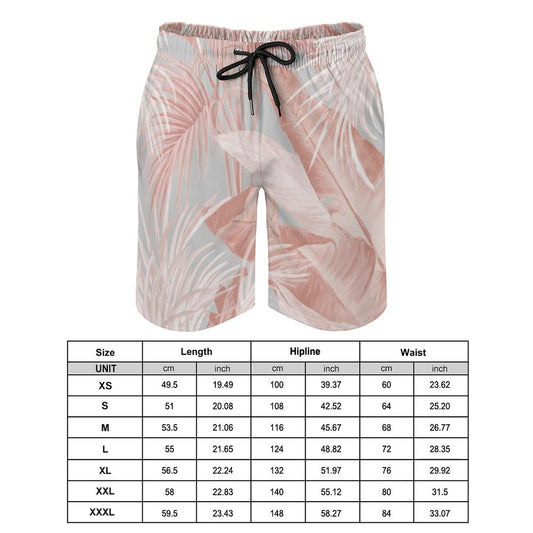 Men's Hawaiian swim trunks with pink palm leaf design, quick-dry fabric and drawstring waist. Size chart included.