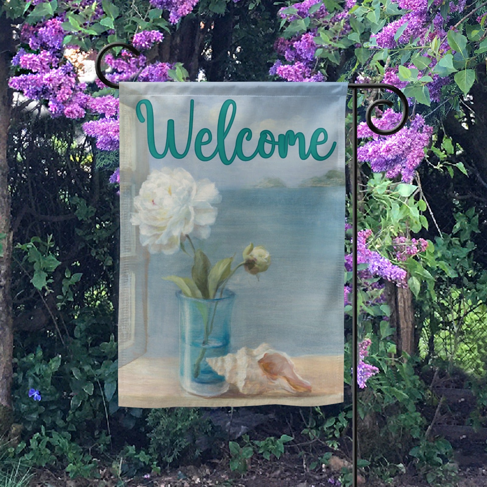 Coastal Floral Welcome Garden Flag, double-sided, with welcome message, white flower, seashell art, Made in USA.