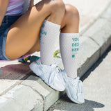 Custom winter socks with heart pattern and 'YOUR DESIGN HERE' print, white socks, personalized winter gift