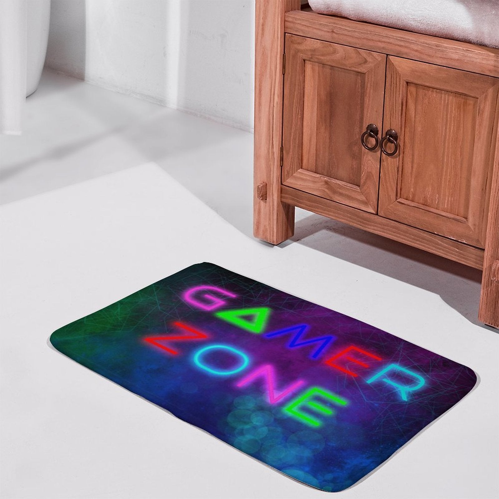 Coral velvet Gamer Zone bath rug for bathroom and bedroom, with neon-light design, non-slip floor carpet