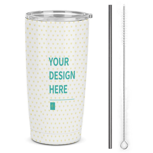 Customizable stainless steel travel mug with straw, perfect for car cup. Personalized gift with "YOUR DESIGN HERE" message.