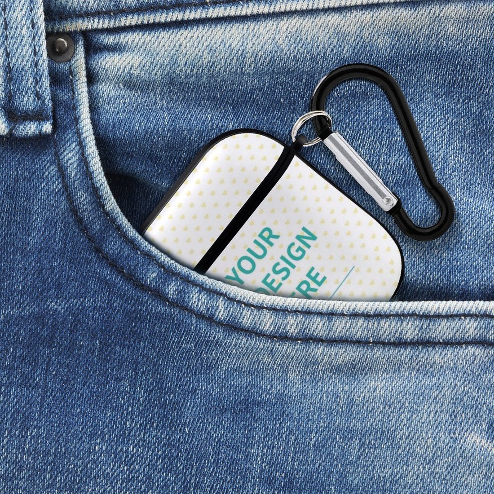 Custom AirPods case with "YOUR DESIGN HERE" text, heart pattern, and black carabiner, PC hard shell, inside denim pocket.