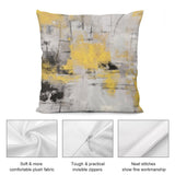 Abstract plush pillow cover in yellow, gray, black, soft fabric, invisible zippers, living room.