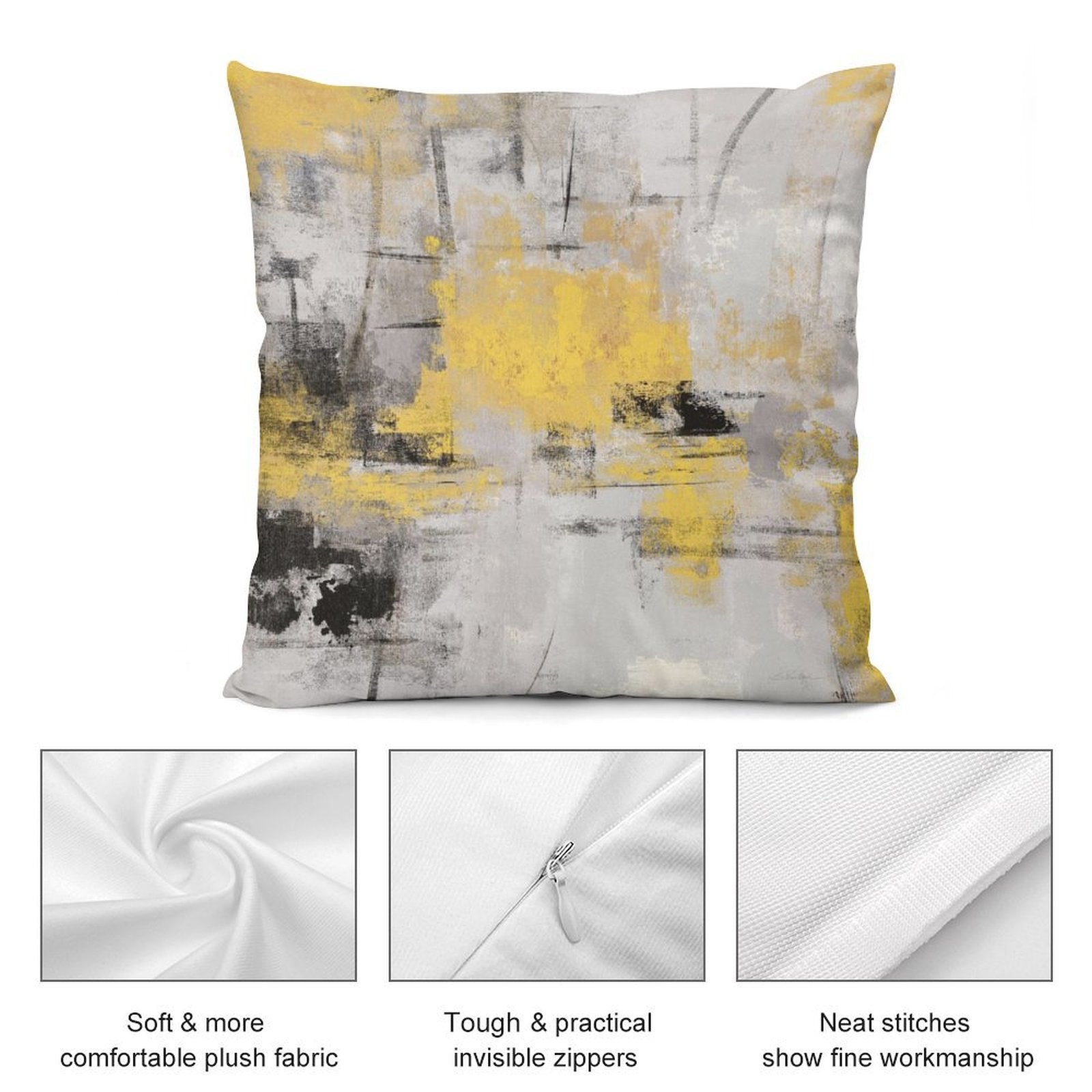 Abstract art throw pillow cover with yellow and gray design, soft plush fabric, and invisible zipper.