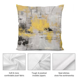 Abstract throw pillow cover with yellow, gray, and black brushstrokes, soft plush fabric, and durable, invisible zipper