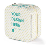 Personalized travel jewelry box with 'YOUR DESIGN HERE' text, white PU leather, custom gift