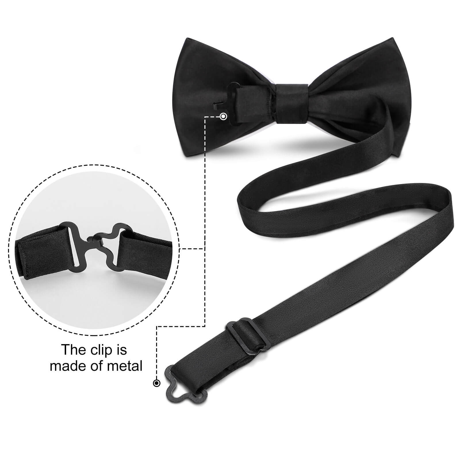 Black polyester bow tie for men, featuring metal clip and adjustable strap, perfect for formal & casual wear