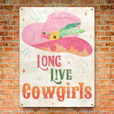 Cowgirl Club III Tin Sign with pink cowboy hat, "Long Live Cowgirls" text, home decor