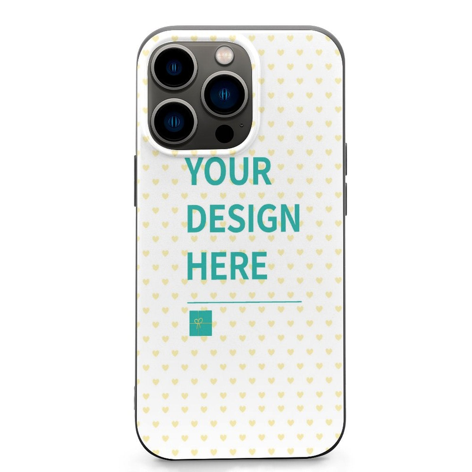 Custom iPhone 13 case with 'YOUR DESIGN HERE' text, heart pattern, and protective TPU material.