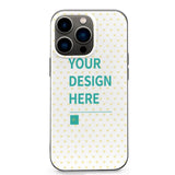 Custom iPhone 13 case with 'YOUR DESIGN HERE' text, heart pattern, and protective TPU material.