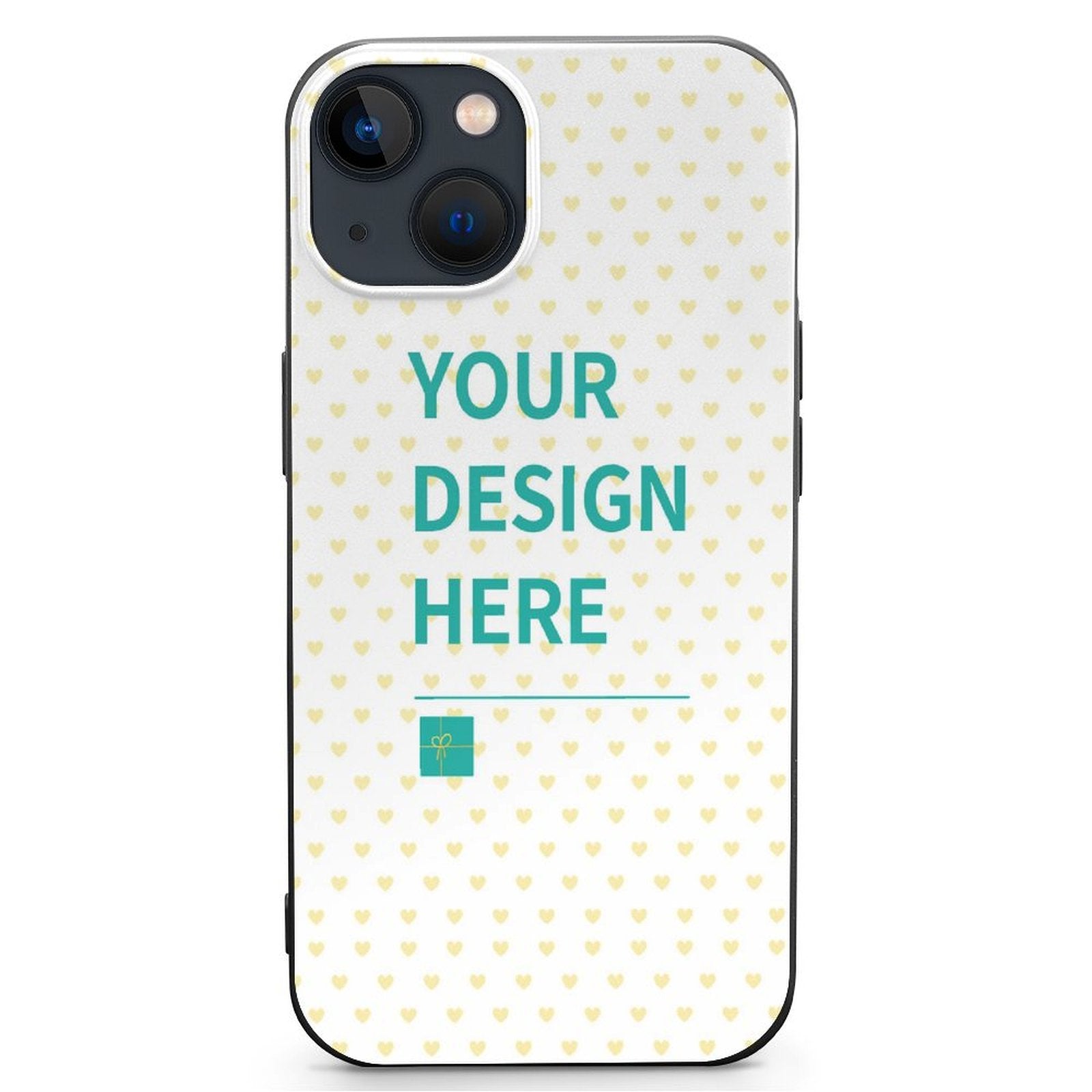 iPhone 13 case with heart pattern, 'YOUR DESIGN HERE' text, TPU cover