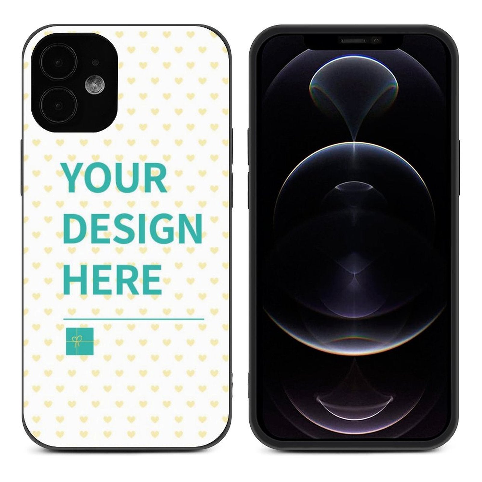 Custom iPhone 12 series case with 'YOUR DESIGN HERE' design. TPU material, customizable phone cover