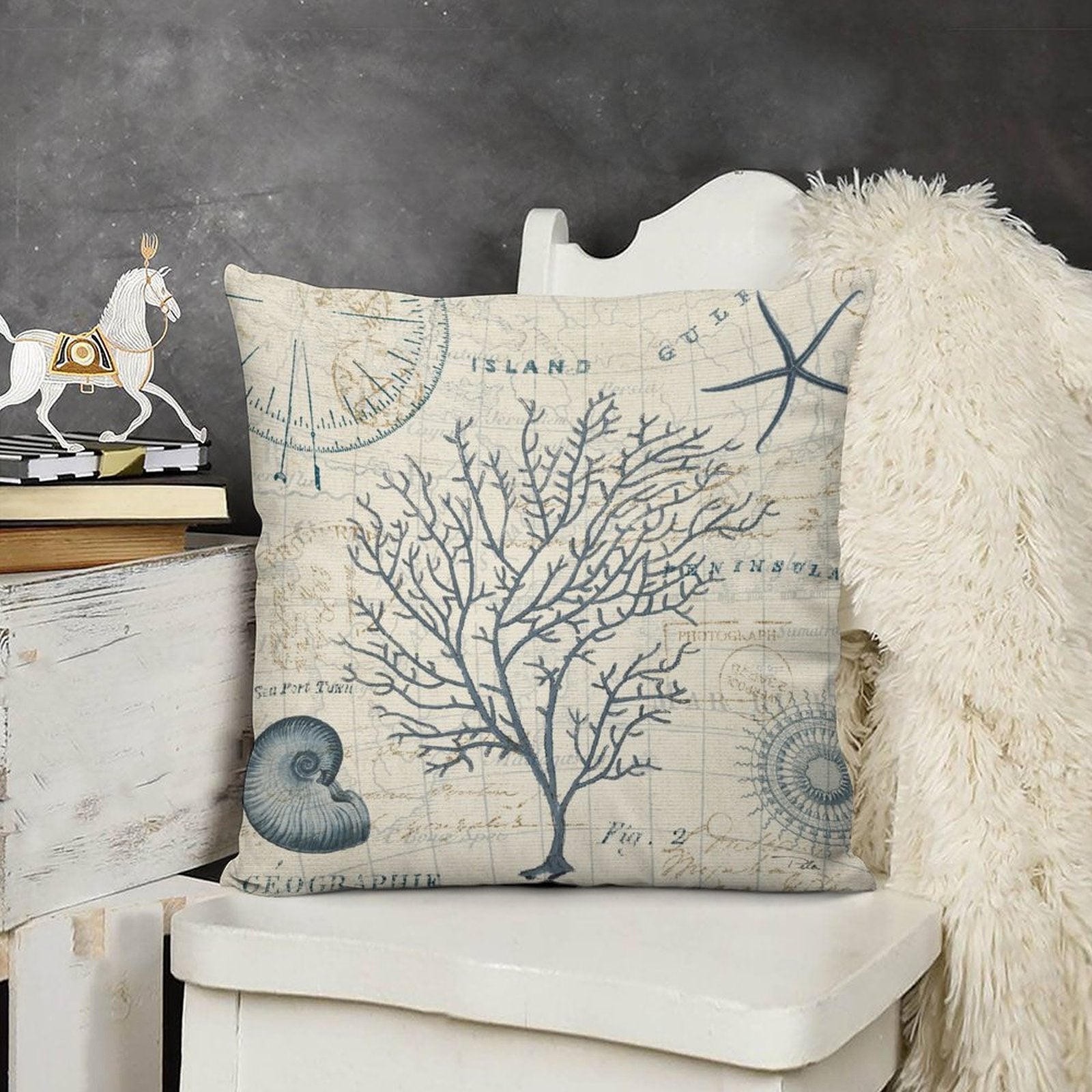 Luxury short plush throw pillow cover with sea map and coral design, ideal for sofa and living room decor