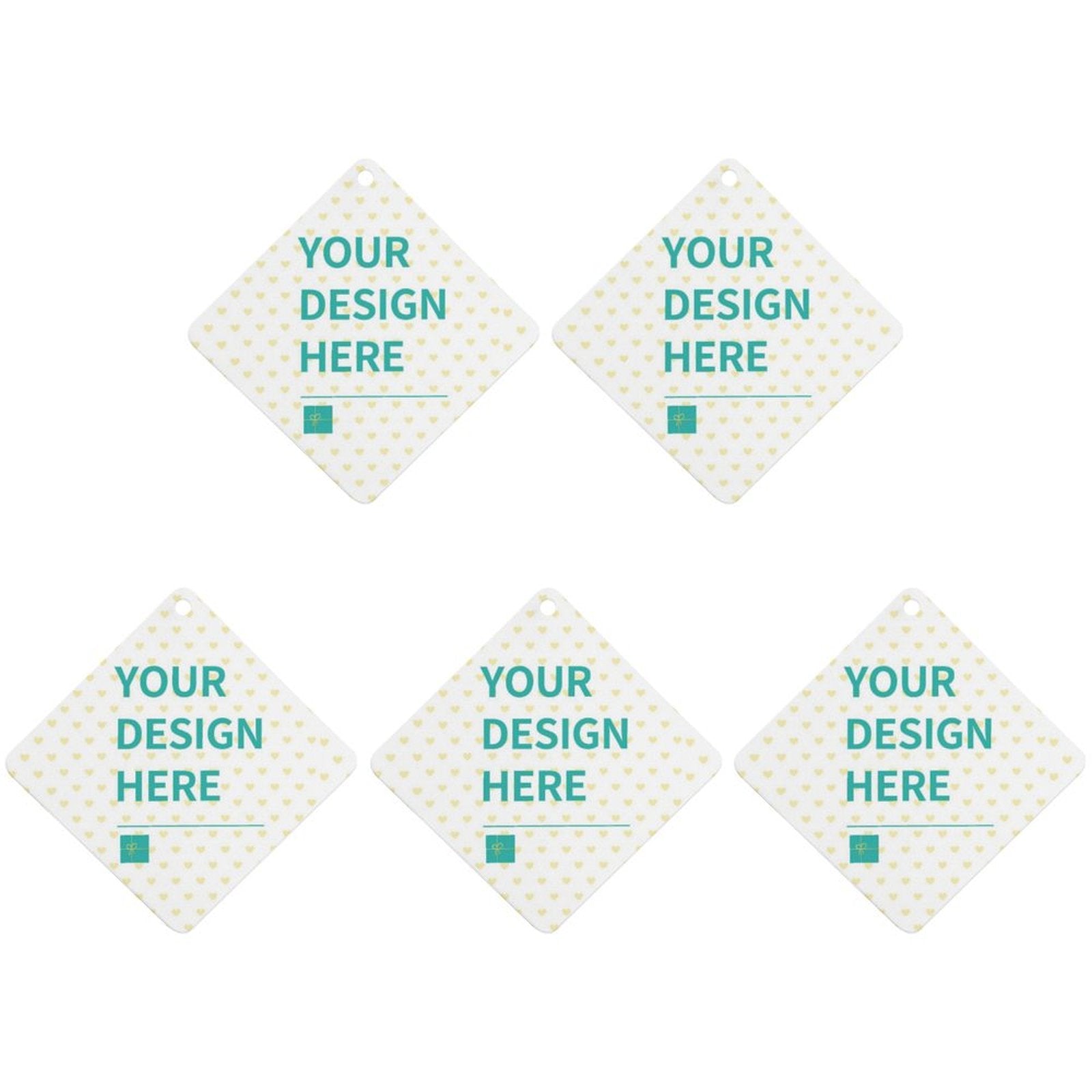 Customizable air fresheners with 'YOUR DESIGN HERE' design and heart pattern, perfect for car or bathroom decor.