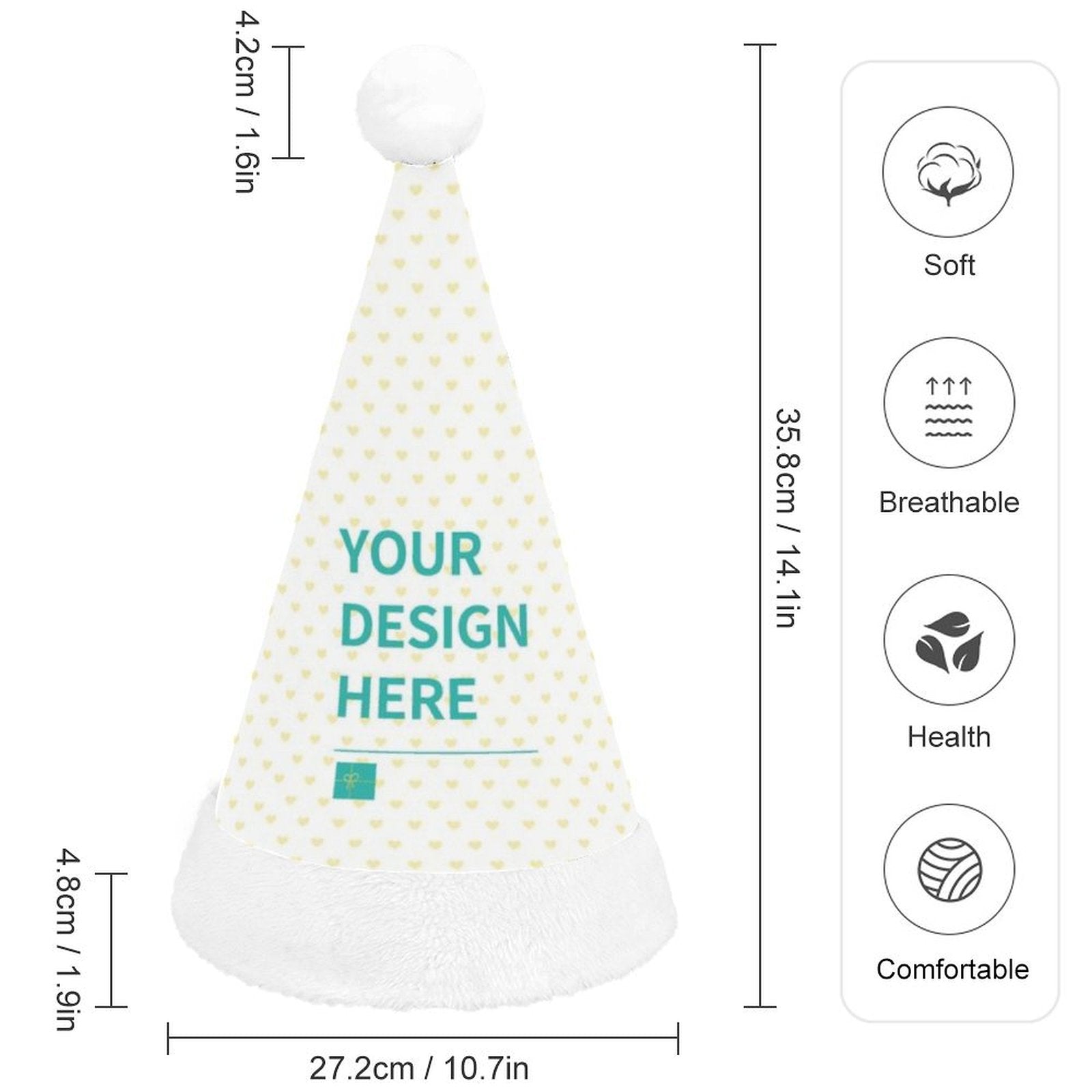 Personalized Christmas hat. Customizable Santa hat design with soft, breathable material. Great for Xmas parties and gifts.