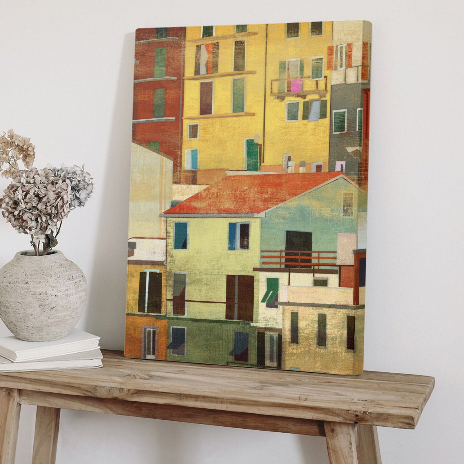 Modern wall art canvas print featuring colorful building artwork in a minimalist style for living room home decor