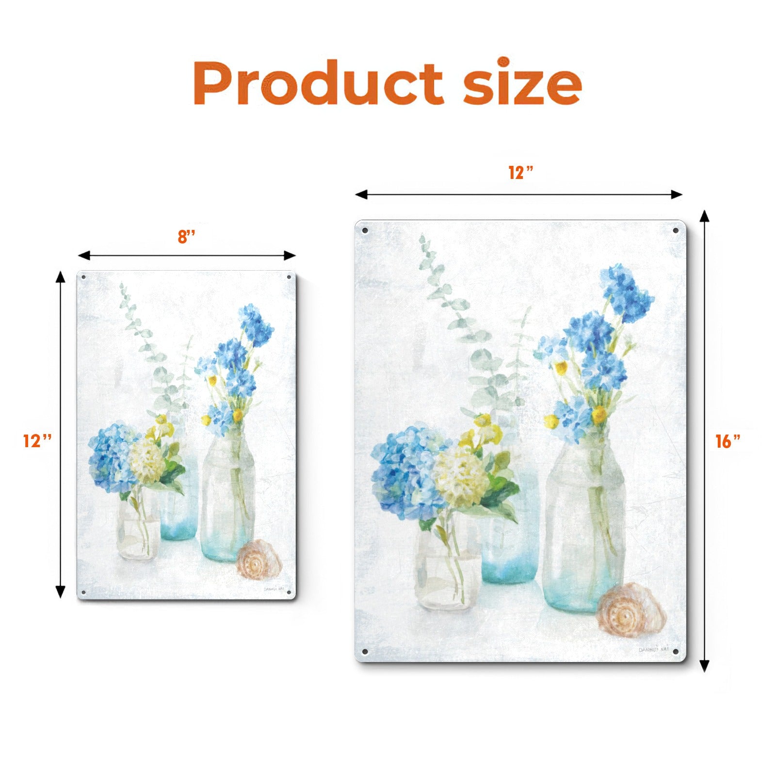 Beach Cottage Florals III tin signs, product size display with blue hydrangea flowers metal wall art