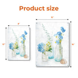 Beach Cottage Florals III tin signs, product size display with blue hydrangea flowers metal wall art