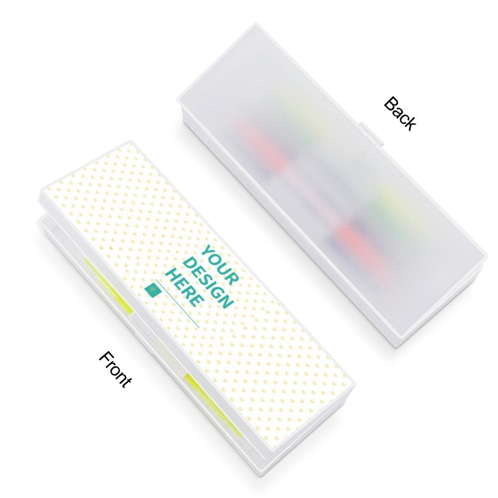 Personalized transparent pencil case with custom design area, PP material, for school or office use.