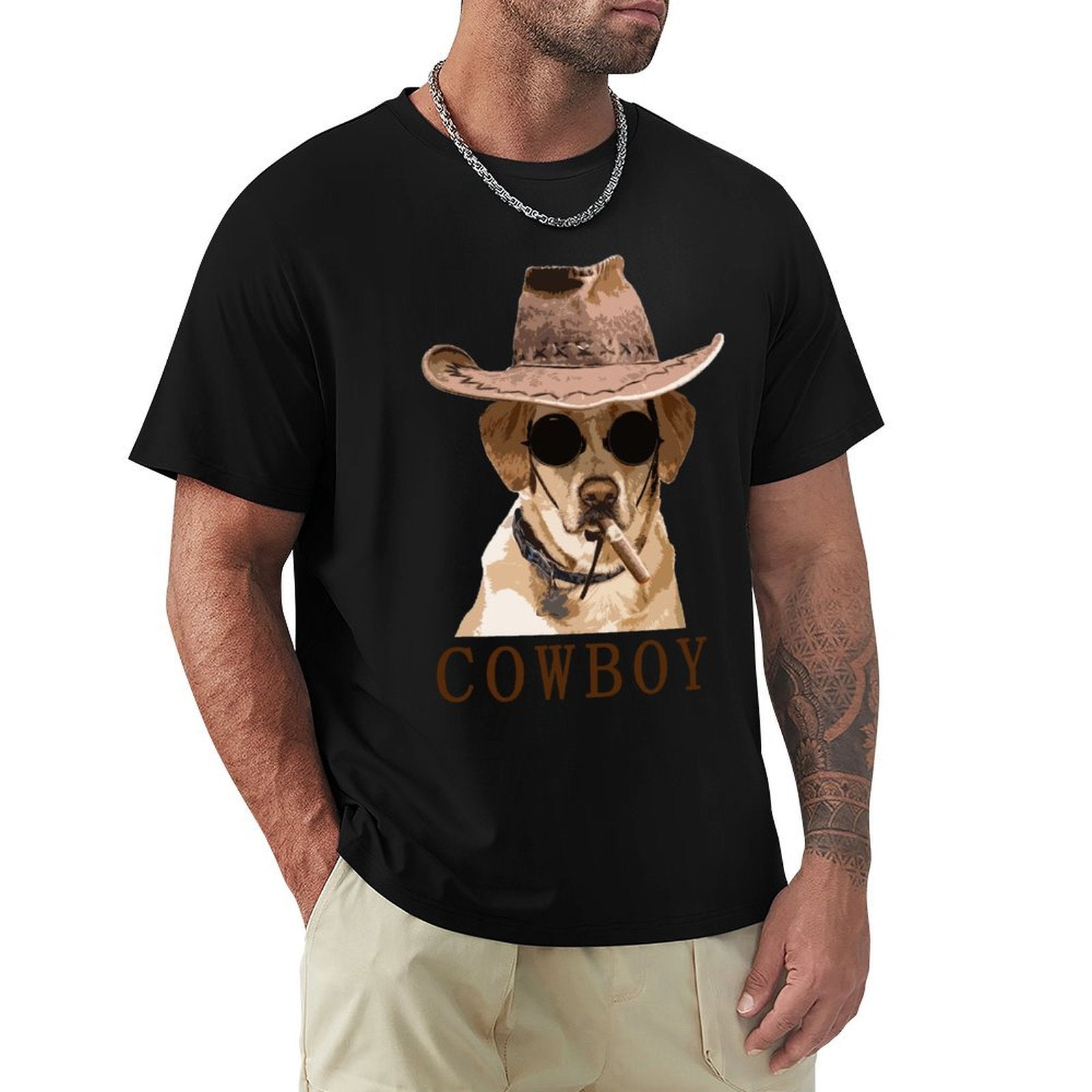 Men's black short sleeve t-shirt featuring a cowboy dog design.