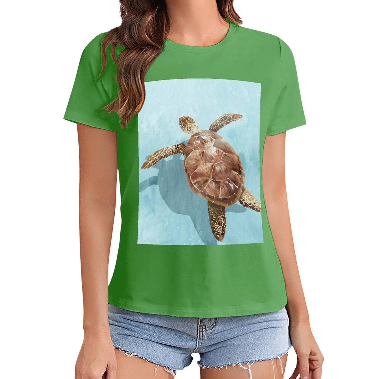 Green Women's Crewneck T-Shirt with Sea Turtle Graphic, perfect for summer wear