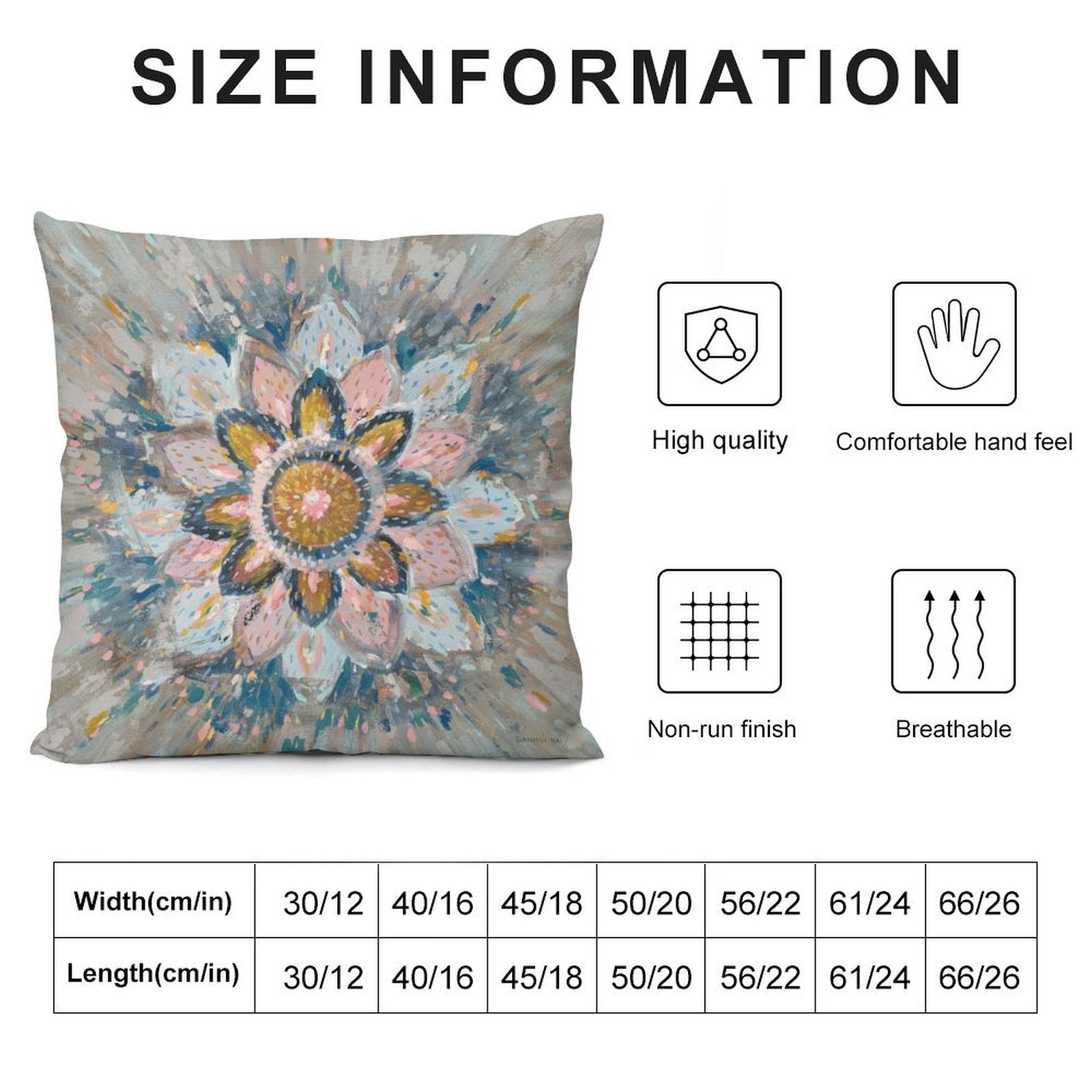 Soft plush pillow cover with abstract floral art design. Features high quality and breathable material. Size chart provided.