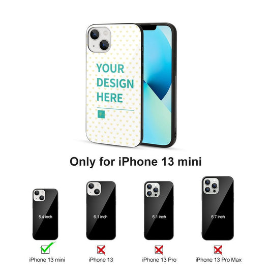 Custom iPhone 13 mini case with personalized design; glass back and TPU bumper.