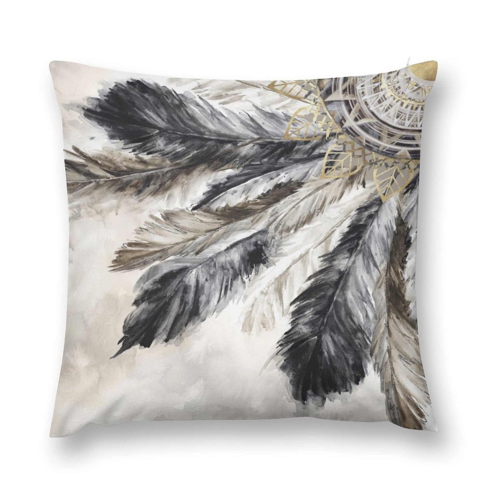 Luxury soft fluffy feather pillow cover. Gray and gold decorative design, perfect for sofa and living room.