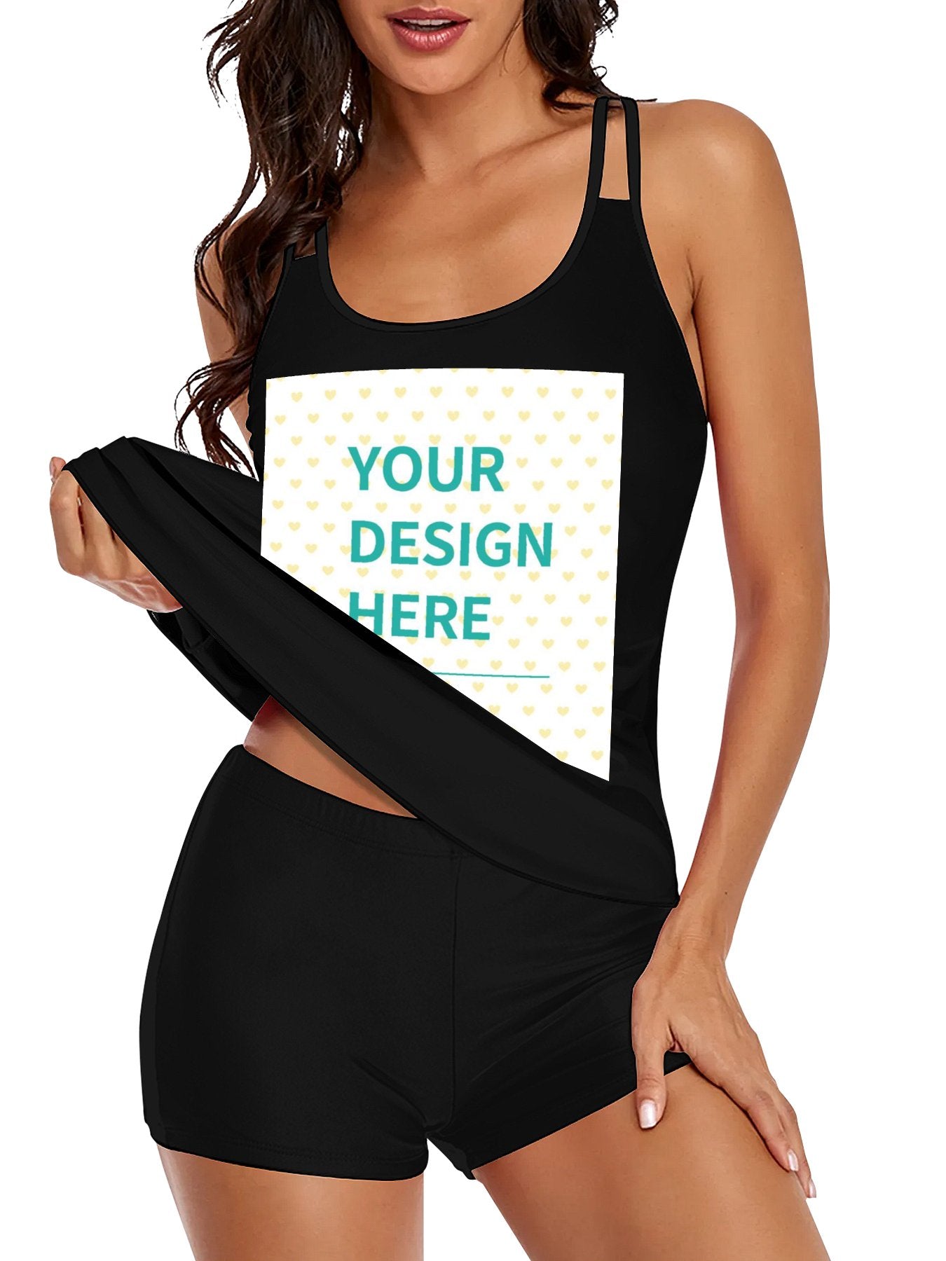 Customizable black tankini swimsuit with your design, perfect for vacations and beaches.