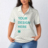 Customizable women's white polo shirt with heart pattern, featuring 'YOUR DESIGN HERE' text.