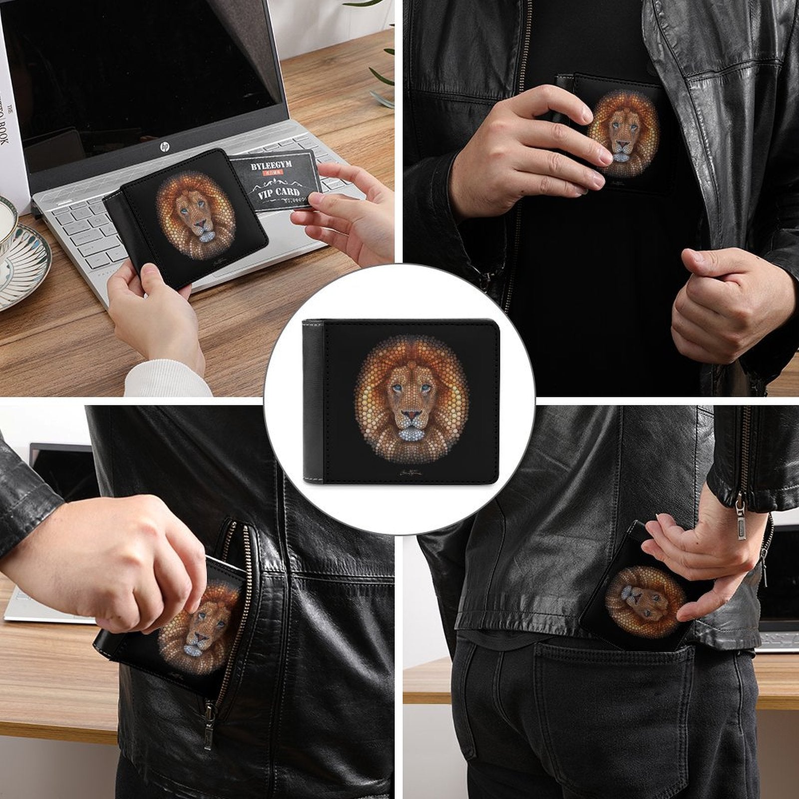 Men's PU leather bifold wallet with lion art. Stylish, portable, and durable design, perfect gift.