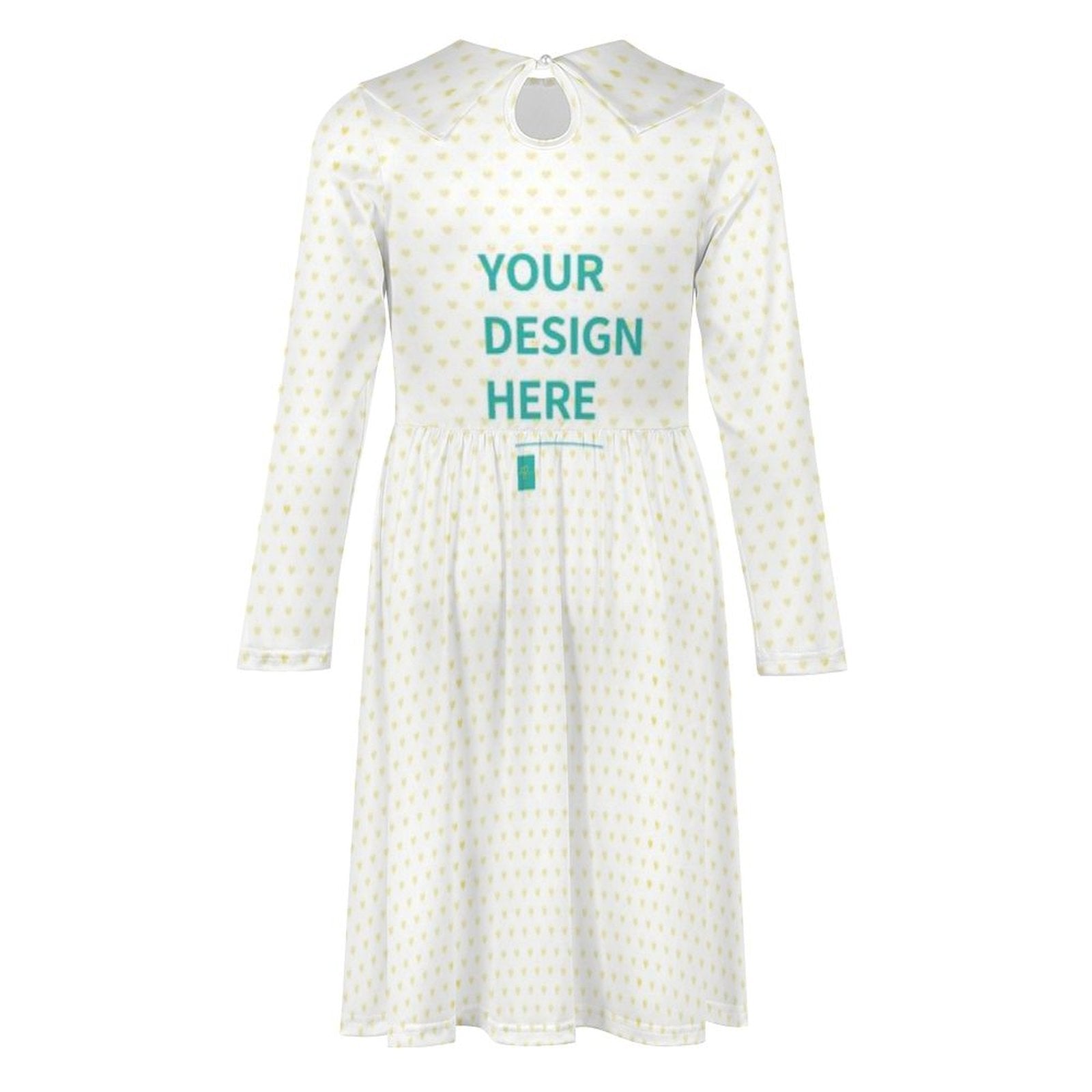 Customizable toddler girl's milk silk dress with 'YOUR DESIGN HERE' and heart pattern; perfect for unique gifts.