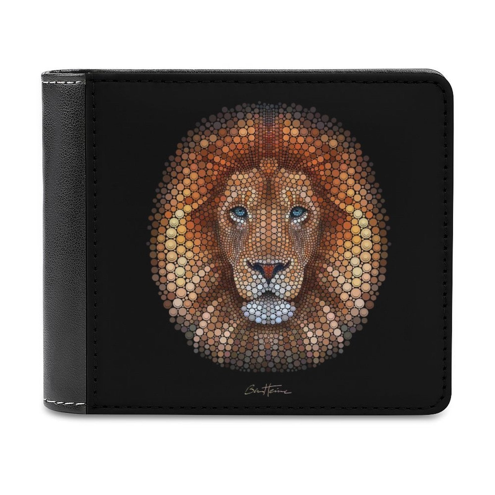 Men's black PU leather bifold wallet with mosaic lion art, stylish and portable card holder