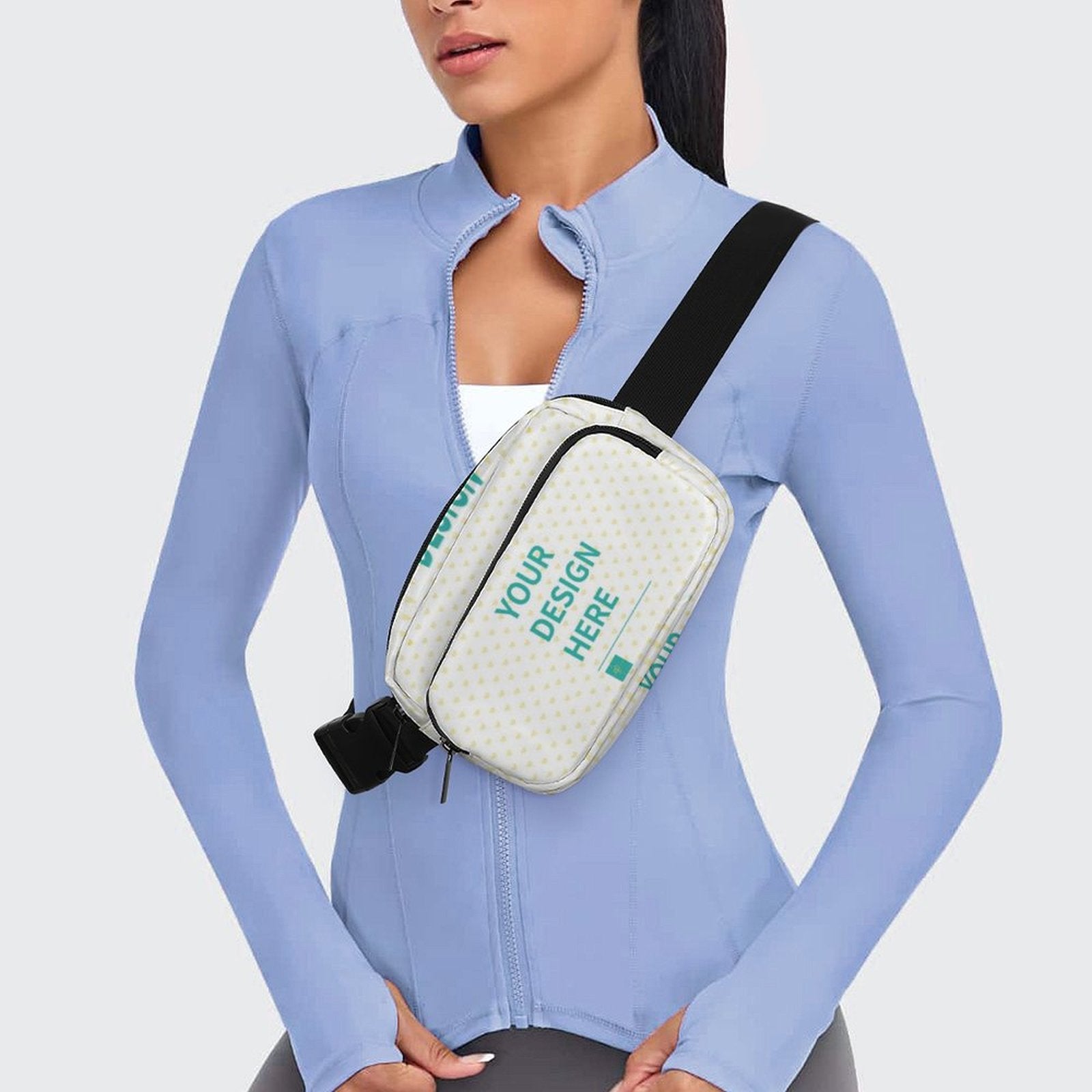 Custom fanny pack with 'YOUR DESIGN HERE' on woman, adjustable waist bag for travel and sports