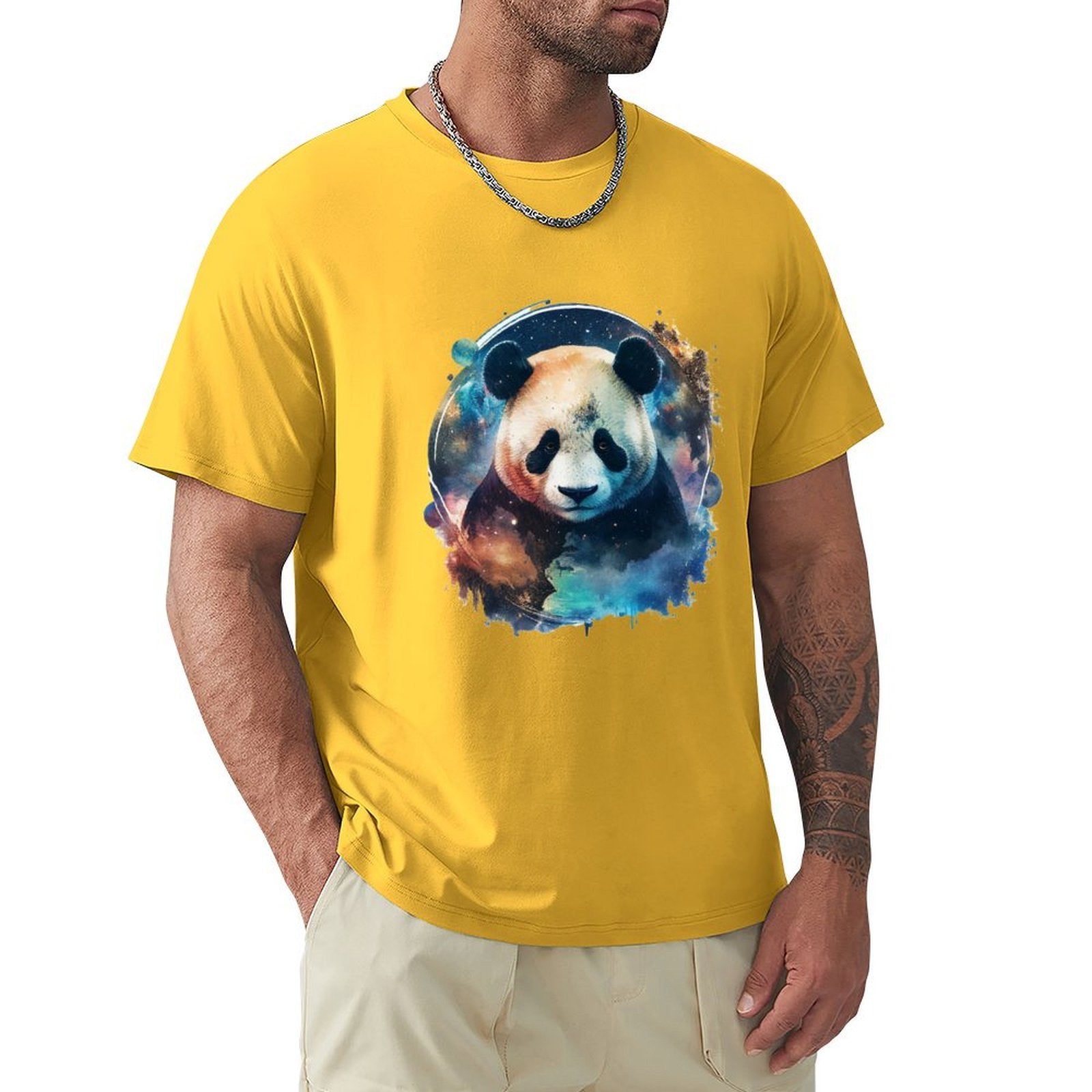 Men's yellow panda design t-shirt, crew neck, comfortable cotton, MyArtsyGift classic tee.